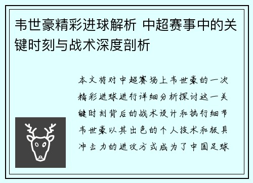 韦世豪精彩进球解析 中超赛事中的关键时刻与战术深度剖析